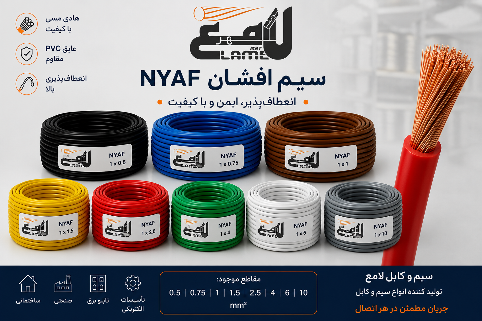 سیم افشان NYAF لامع با هادی مسی و عایق PVC در سایزهای 0.5، 0.75، 1، 1.5، 2.5، 4، 6 و 10 میلی‌متر مربع، مناسب کاربردهای ساختمانی و صنعتی